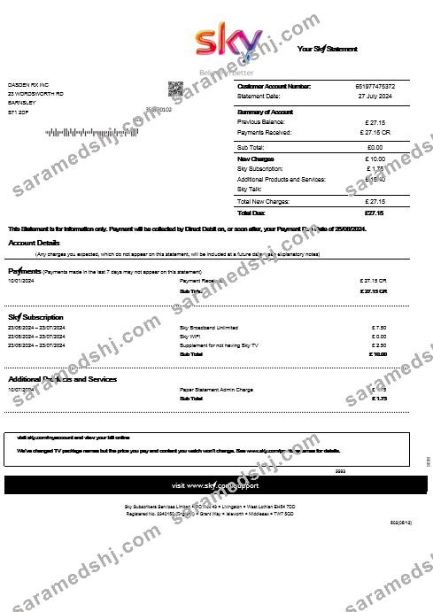United Kingdom Sky business utility bill statement template in Word and PDF formats